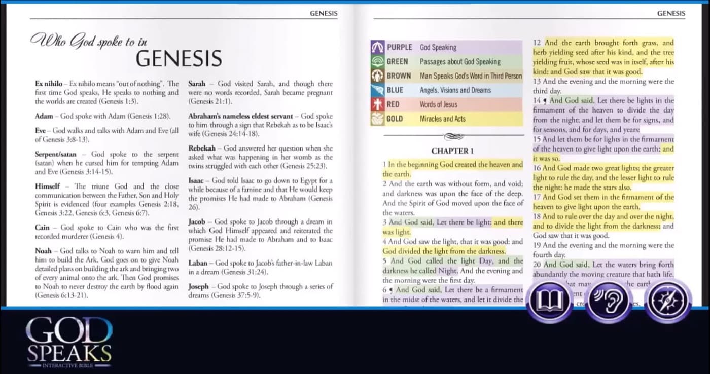Pages of the God Speaks Bible showing color highlighting